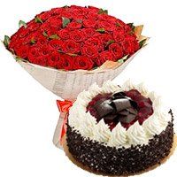 Midnight Cakes Delivery to Jagadhri. 100 Red Roses 1 Kg 5 Star Hotel Black Forest Cake to Jagadhri