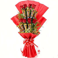 Order Durga Puja Flowers to India. Online Pink Roses 10 Flowers 16 Pcs Ferrero Rocher Bouquet. Durga Puja Gifts to India