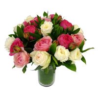 Send Online Pink White Roses in Vase 24 Flowers in India for Rakhi