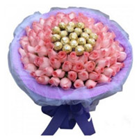 Send Diwali Gifts to India and 50 Pink Roses 16 Pcs Ferrero Rocher Bouquet of Chocolates in Visakhapatnam