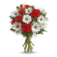 Diwali Flowers to India Collection of White Gerbera Red Carnation Flowers in Vase to India