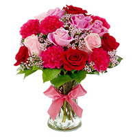 Deliver Red Carnation Pink Red Rose in Vase 12 Flowers to India on Rakhi