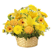 Deliver Yellow Lily, Gerbera, Rose, Carnation Basket 12 Online Rakhi Flowers to India
