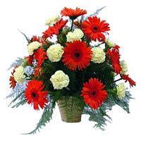 Diwali Flowers to India. Online Delivery of Red Gerbera White Carnation Basket 24 Flowers to India
