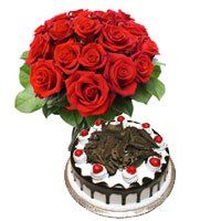 Birthday Gifts to India. 1/2 Kg Black Forest Cake 12 Red Roses Bouquet Delivery in India