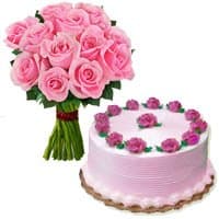 Send 1/2 Kg Strawberry Cake 12 Pink Roses Bouquet India