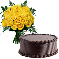 Send 1/2 Kg Chocolate Cake to India and 18 Yellow Roses Bouquet India