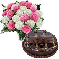 Online Bouquet and Cake Delivery in India. Send 1 Kg Chocolate Cake 12 Pink White Carnation Bouquet
