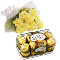 Buy 10 Yellow Carnation with 16 Pcs Ferrero Rocher Chocolate to India. Diwali Gifts to India
