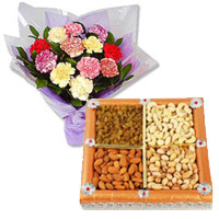 Deliver 12 Mixed Carnation With 1/2 Kg Dry Fruits to India. Send Rakhi Gifts to India