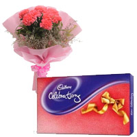 Online Gifts Delivery to India. Deliver 6 Pink Carnation and Cadbury Celebration Chocolates in India