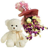 Send Diwali Gifts to India. 6 Purple Orchids and 6 Yellow Carnations Bunch with 6 Inch Teddy
