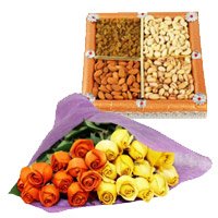 Send 24 Orange Yellow Roses Bunch 1/2 Kg Dry Fruits to India for Rakhi