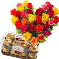 Best Gifts in India. 30 Mix Roses Heart with 16 Pcs Ferrero Rocher CHocolates to Amritsar