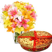 Send Diwali Gifts to India. 10 Mix Lily Vase with 1 Kg Mix Dry Fruits to India