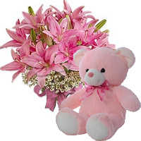 Send 6 Oriental Pink Lily, 6 Inch Teddy Bear, Gifts to India