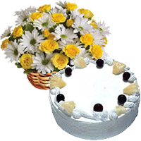 Eggless Cake to India. Rakhi with 30 White Gerbera Yellow Roses Basket and 1 Kg Eggless Pineapple Cake