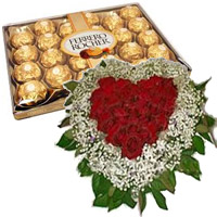 Send 50 Red Roses White Daisies Heart with 24 pcs Ferrero Rocher Chocolate to India