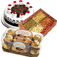 Diwali Gift Delivery in India. 1/2 Kg Black Forest Cake with 1/2 Kg Dry Fruits and 16 pcs Ferrero Rochers Chocolates to Mysore