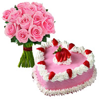 Same Day Cake Delivery to India for 1 Kg Strawberry Cake 12 Pink Roses Bouquet