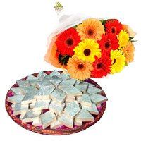 Diwali Flowers Delivery in India. 12 Mix Gerbera with 1 Kg Kaju Barfi. Diwali Gifts to India