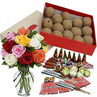 Diwali Gift Same Day Delivery in India. 500gm Atta Laddoos and 12 Mix Roses in Glass Vase with Assorted Crackers worth Rs 1800