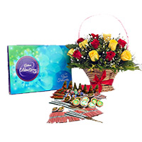 Send Diwali Gifts to India with Crackers 1 containing Celebration Pack and 18 Red Yeloow Mix Flowers Basket with Assorted Crackers worth Rs 1200