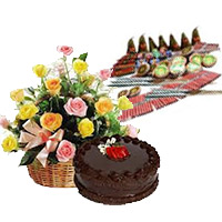 500gm Chocolate Cakes and 20 Mix Roses Basket with Assorted Crackers worth Rs 1200. Deliver Diwali Gifts in India same Day