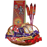 Basket of Assorted Chocolates and 10 Red Roses with 1 Box Rocket contain 10pcs. Diwali Gifts in India.