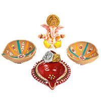 Same Day Delivery Diwali Gifts Vasco Da Gama involve 3 Big Handcrafted Diya with Ganesh in Marvel