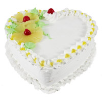 Send Rakhi and Cake to India with 1 Kg best Eggless Heart Shape Pineapple Cake in India
