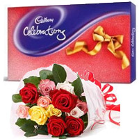Send 12 Mix Roses Bouquet with Cadbury Celeberation Pack Chocolate to India, Gifts to India