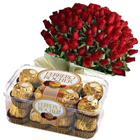 Send 16 Pcs Ferrero Rocher with 50 Red Roses Bunch to India. Rakhi Gift Delivery in India