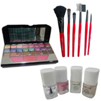 Rakhi Gift Delivery to India comprising Combo of Nail Paint, Makeup Brushes n Eye Shadow Kit