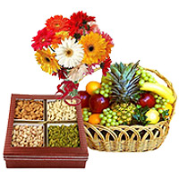 Online Diwali Gifts Delivery in India consist of Bunch of 12 Mix Gerberas with 3 kg Fresh fruit Basket and 0.5 kg Mixed Dry fruits