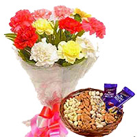 Send Gifts to India. 12 Mixed Flowers Bouquet with 1/2 Kg Assorted Dry Fruits and 2 Dairy Milk Chocolates to Mangalore