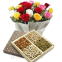 Online Delivery of 24 Mixed Roses with 1/2 Kg Assorted Dry Fruits and Gifts in India