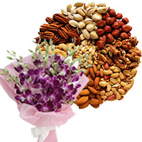 Place Order for 12 Orchid Stem Flower Bouquet with 500 gm Assorted Dry Fruits. Diwali Gifts to Dharwad