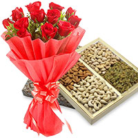 Order Gifts to India for 12 Red Roses with 500 gm Mixed Dry Fruits to Manipal