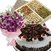 Buy Gifts to Hubli. 5 Purple Orchids Bunch 1/2 Kg Black Forest Cake with 500 gm Mix Dry Fruits Online India