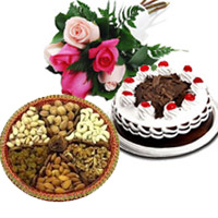 Diwali Gifts to India. Send 6 Mix Roses 1/2 Kg Black Forest Cake with 500 gm Mix Dry Fruits