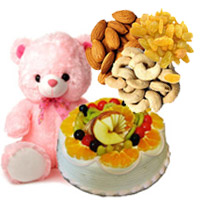 Order for 12 inch Teddy 1 Kg Eggless Fruit Cake in India Online from 5 Star Bakery with 500 gm Assorted Dry Fruits for Gifts to India