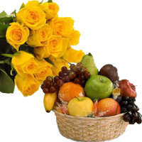Deliver 12 Yellow Roses Bunch with 1 Kg Fresh Fruits Basket India on Rakhi