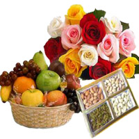 Send Gifts to India. 12 Mix Roses Bunch with 1 Kg Fresh Fruits Basket and 500 gm Mix Dry Fruits to India