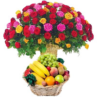 Order 50 Mix Roses Basket with 2 Kg Fresh Fruits Basket to India for Rakhi