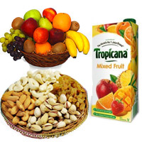 Online Gifts Delivery in India. 1 Kg Fresh Fruits Basket with 500 gm Mix Dry Fruits and 1 ltr Mix Fruit Juice