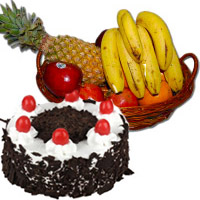 Send Rakhi Gifts of 1 Kg Fresh Fruits Basket with 500 gm Black Forest Cake in India