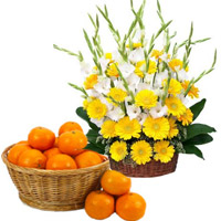 Order Yellow Gerbera White Glad Basket 30 Flowers with 18 pcs Orange Basket in India