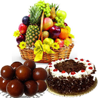 Send Diwali Gifts to Bikaner. 1 Kg Fresh Fruits with 1 Kg Gulab jamun & 1 Kg Round Black Forest Cake in India Online