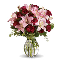 Buy 3 Pink Lily 12 Red Roses to India in Vase on Diwali. Diwali Flowers to Mumbai
